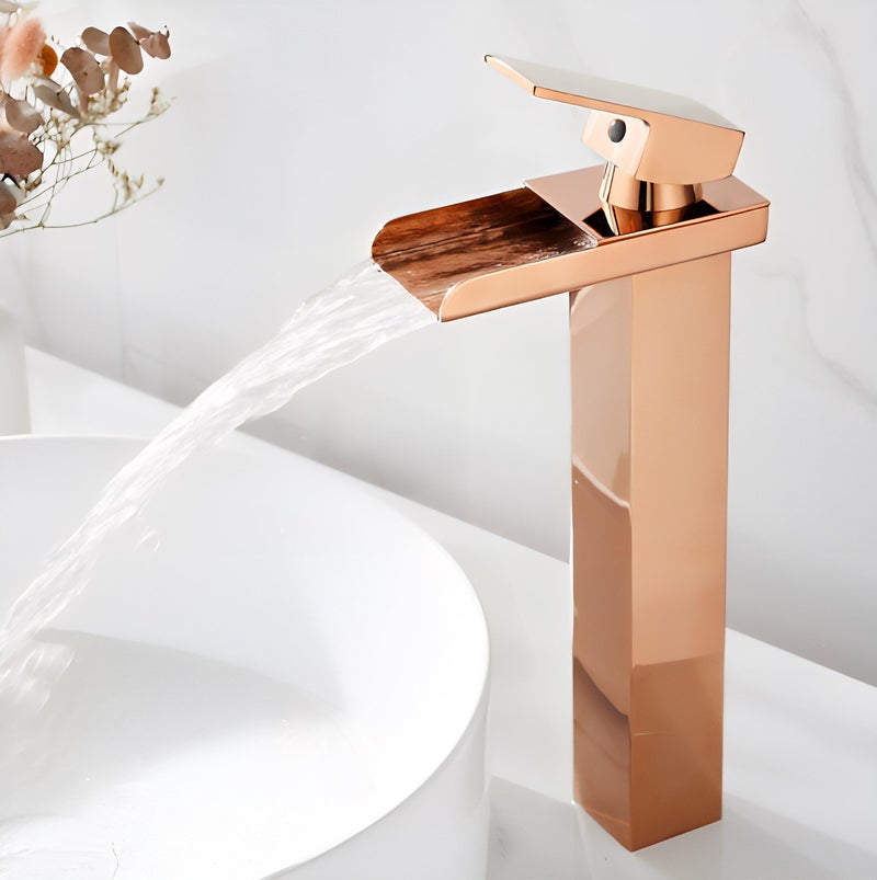 Carnival Brass Tall Body Square Waterfall Design Hot & Cold Rose Gold Single Lever Basin Mixer Tap (12" Inches) for Wash Basin, Bathroom | High Neck Pillar Cock Basin Mixer (Rose Gold) - Image 5