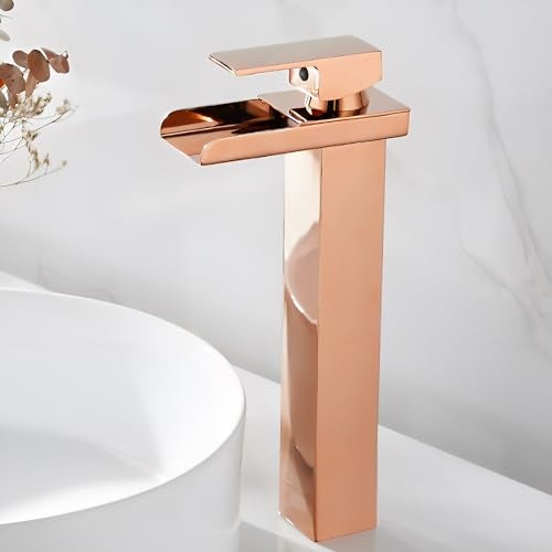 Carnival Brass Tall Body Square Waterfall Design Hot & Cold Rose Gold Single Lever Basin Mixer Tap (12" Inches) for Wash Basin, Bathroom | High Neck Pillar Cock Basin Mixer (Rose Gold) - Image 2