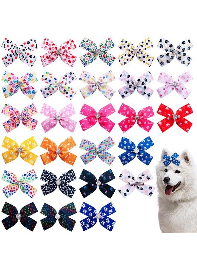 pet show 50Pcs/25Pairs 4" Paw Pattern Big Dog Hair Bows Bulk with Rubber Bands for Medium Large Dogs Puppy Rhinestone Bowknot Topknot Girl Boy Pet Grooming Hair Accessories - Image 1
