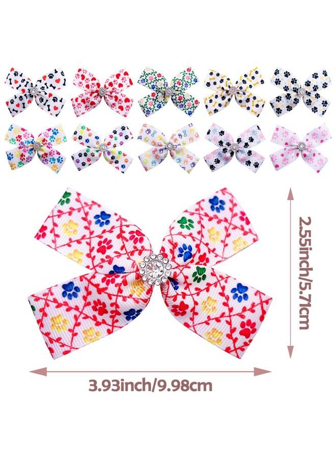 pet show 50Pcs/25Pairs 4" Paw Pattern Big Dog Hair Bows Bulk with Rubber Bands for Medium Large Dogs Puppy Rhinestone Bowknot Topknot Girl Boy Pet Grooming Hair Accessories - Image 2