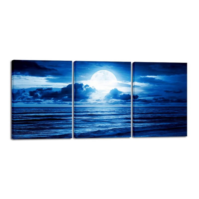 Pyradecor Modern 3 Panels Blue Clouds Landscape Canvas Wall Art Moon Sea Beach Pictures Paintings Artwork for Living Room Bedroom Home Decorations - Image 1