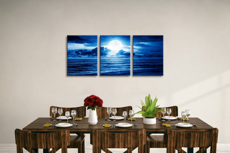 Pyradecor Modern 3 Panels Blue Clouds Landscape Canvas Wall Art Moon Sea Beach Pictures Paintings Artwork for Living Room Bedroom Home Decorations - Image 4