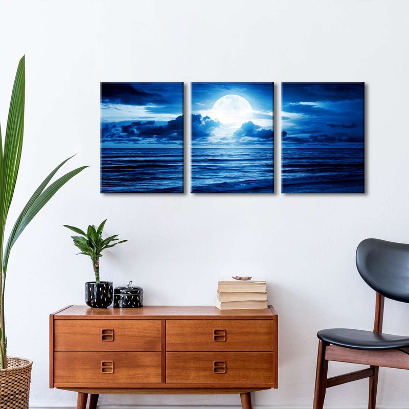 Pyradecor Modern 3 Panels Blue Clouds Landscape Canvas Wall Art Moon Sea Beach Pictures Paintings Artwork for Living Room Bedroom Home Decorations - Image 2