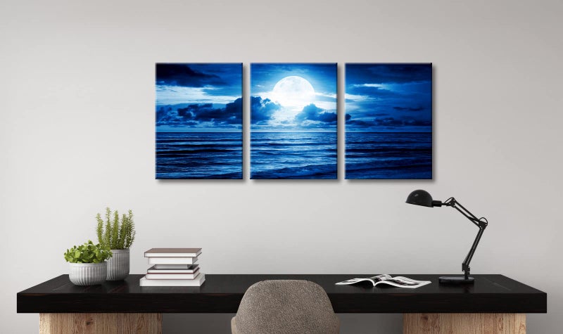 Pyradecor Modern 3 Panels Blue Clouds Landscape Canvas Wall Art Moon Sea Beach Pictures Paintings Artwork for Living Room Bedroom Home Decorations - Image 3