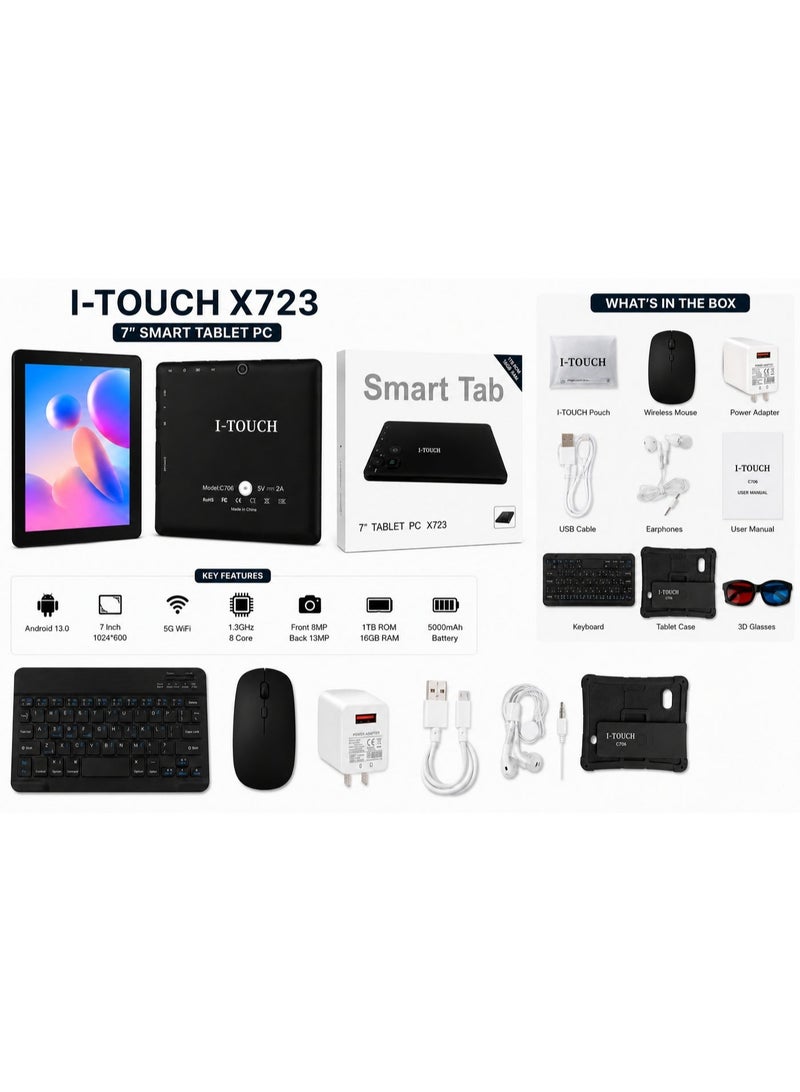 I-TOUCH X723 7 Inch Smart Tablet PC Android 13 | 1TB ROM + 16GB RAM | 5G WiFi | Quad/8-Core Processor | 5000mAh Battery | Keyboard, Mouse & Accessories Included | Black - Image 3