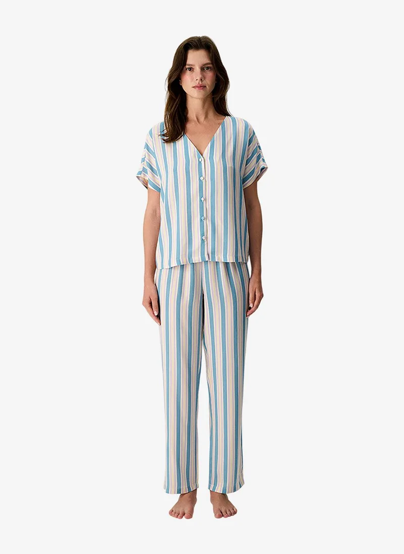 بنتي Women Ella Striped Short Sleeve Trousers Blue Set