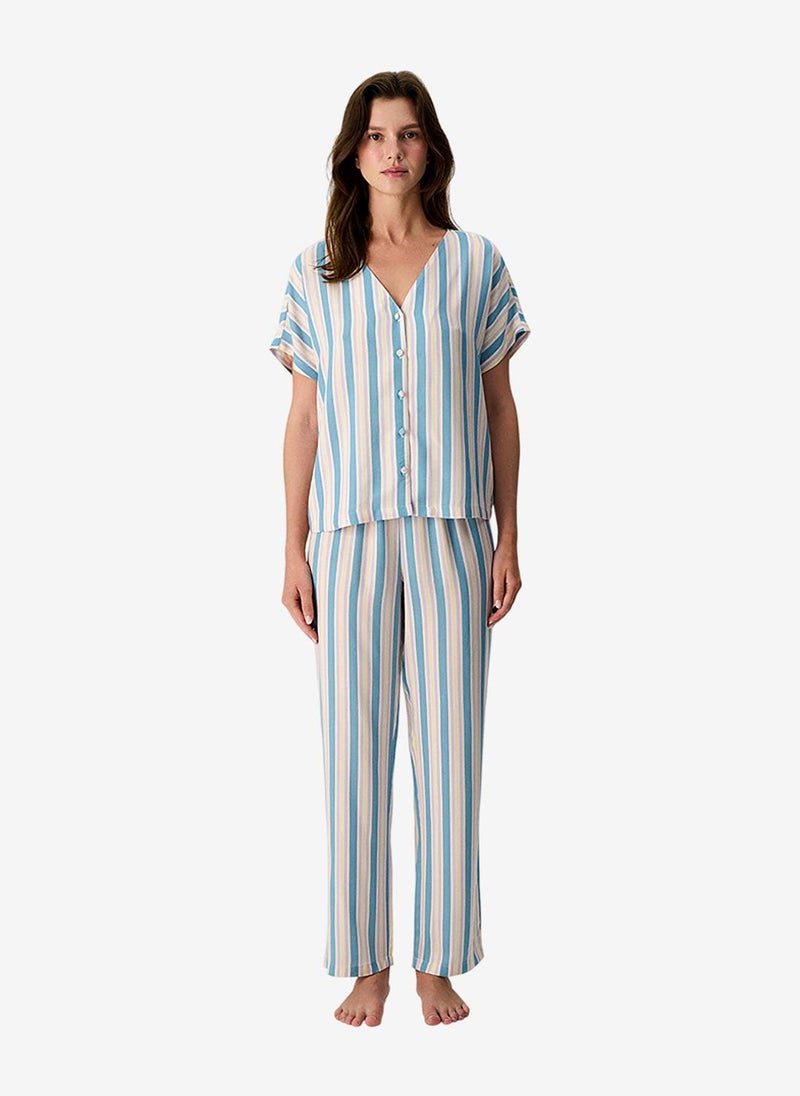 Penti Women Ella Striped Short Sleeve Trousers Blue Set - Image 2