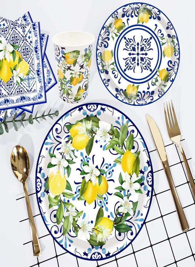 HSPAIDYP 175Pcs Capri Lemon Party Supplies Blue Tiles Yellow Lemon Set 9"& 7" CapriLemon Citrus Fruit Paper Plates Napkins Cup Knive Fork Spoon for Baby Shower Lemon Birthday Party Decor Serves 25 - Image 4