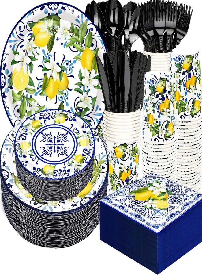 HSPAIDYP 175Pcs Capri Lemon Party Supplies Blue Tiles Yellow Lemon Set 9"& 7" CapriLemon Citrus Fruit Paper Plates Napkins Cup Knive Fork Spoon for Baby Shower Lemon Birthday Party Decor Serves 25 - Image 1