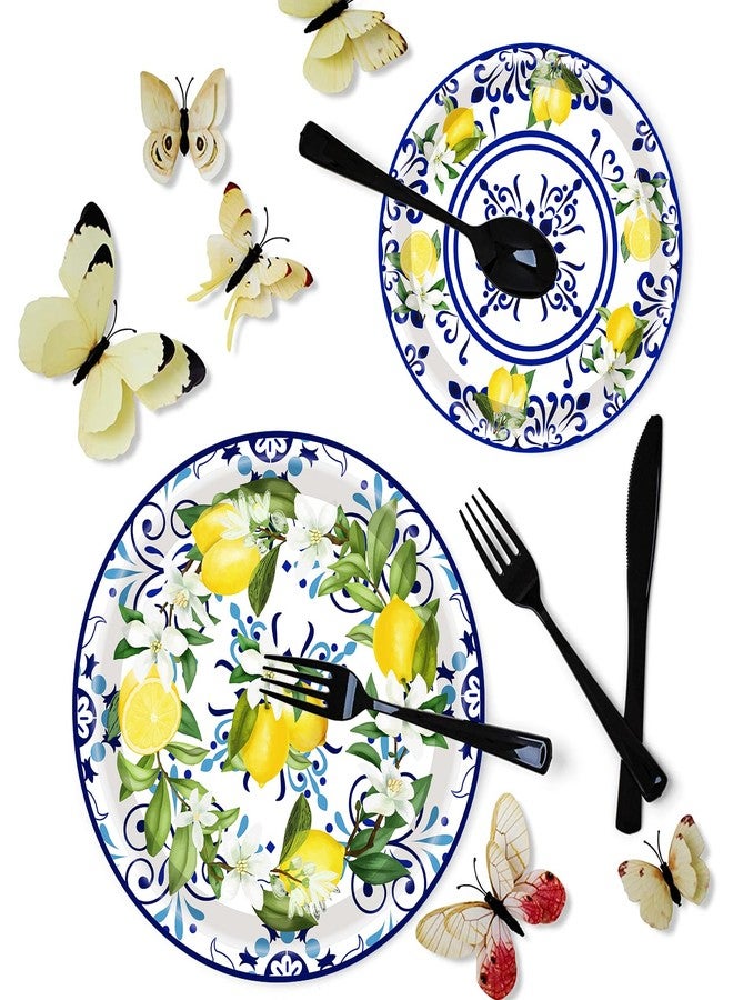 HSPAIDYP 175Pcs Capri Lemon Party Supplies Blue Tiles Yellow Lemon Set 9"& 7" CapriLemon Citrus Fruit Paper Plates Napkins Cup Knive Fork Spoon for Baby Shower Lemon Birthday Party Decor Serves 25 - Image 5