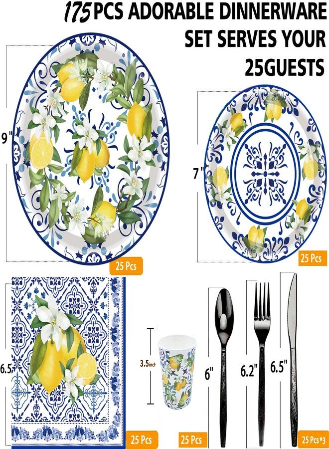 HSPAIDYP 175Pcs Capri Lemon Party Supplies Blue Tiles Yellow Lemon Set 9"& 7" CapriLemon Citrus Fruit Paper Plates Napkins Cup Knive Fork Spoon for Baby Shower Lemon Birthday Party Decor Serves 25 - Image 3