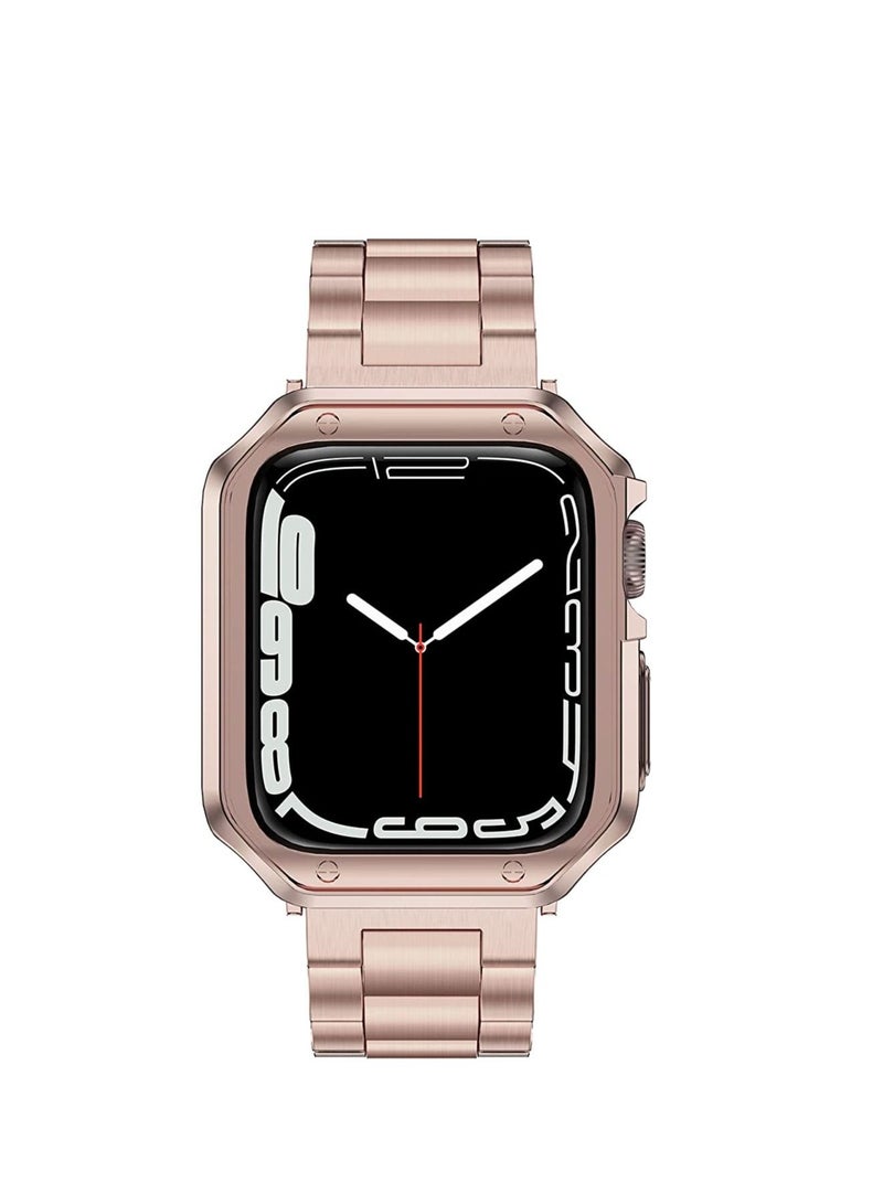 ACLIX Compatible with Apple Watch Band, Designed for i-Watch Strap Series 7 6 5 4 3 2 1 SE, Stainless Steel Metal Chain with TPU Case, Designed for iPhone Smart-Watch Bracelet Link Wrist-Band Rose Gold  - Image 1