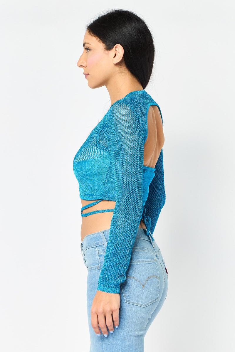 Bershka بلوزة قصيرة بأكمام طويلة و ياقة دائرية معدنية للنساء، لون أزرق مائل إلى الأخضر - Image 3