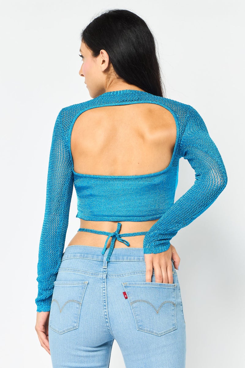 Bershka بلوزة قصيرة بأكمام طويلة و ياقة دائرية معدنية للنساء، لون أزرق مائل إلى الأخضر - Image 4