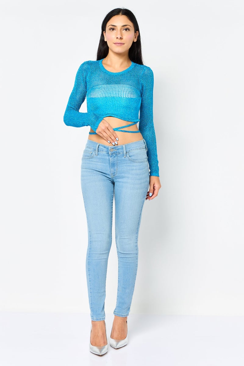 Bershka بلوزة قصيرة بأكمام طويلة و ياقة دائرية معدنية للنساء، لون أزرق مائل إلى الأخضر - Image 2