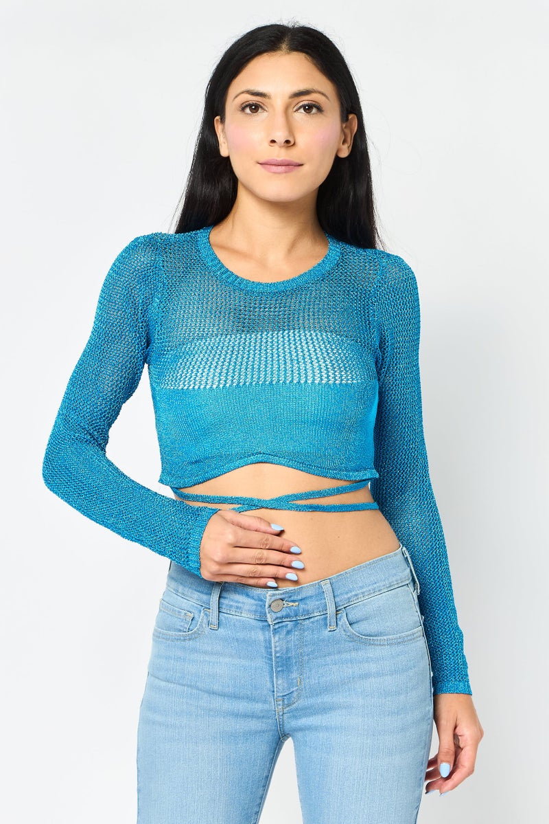Bershka بلوزة قصيرة بأكمام طويلة و ياقة دائرية معدنية للنساء، لون أزرق مائل إلى الأخضر - Image 1