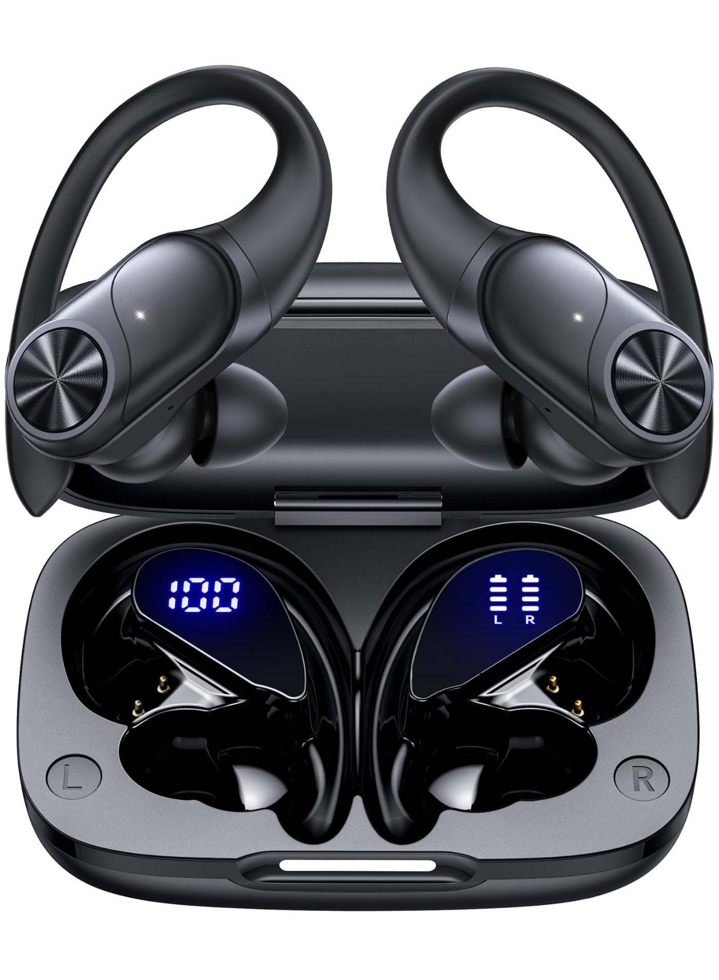 Bluetooth Headphones Wireless Earbuds 80hrs Playtime Wireless Charging Case Digital Display Sports Ear Buds with Earhook Deep Bass IPX7 Waterproof Over-Ear Earphones for TV Phone Laptop Black