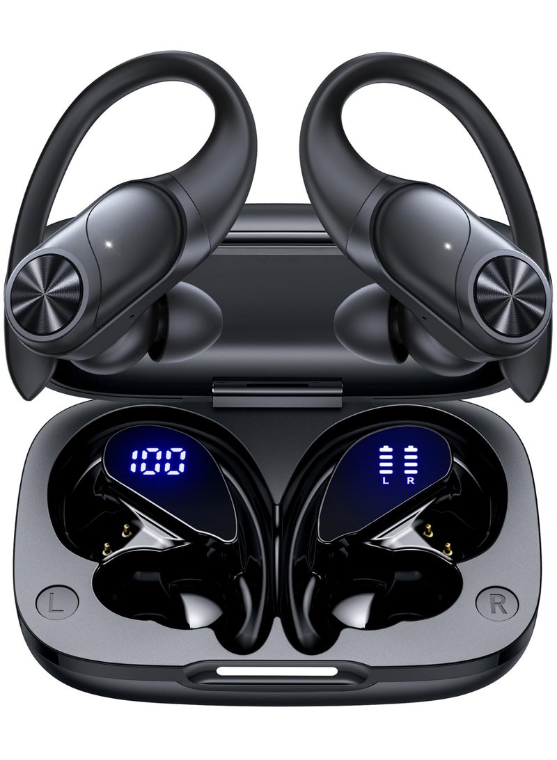 Arabest Bluetooth Headphones Wireless Earbuds 80hrs Playtime Wireless Charging Case Digital Display Sports Ear Buds with Earhook Deep Bass IPX7 Waterproof Over-Ear Earphones for TV Phone Laptop Black - Image 1