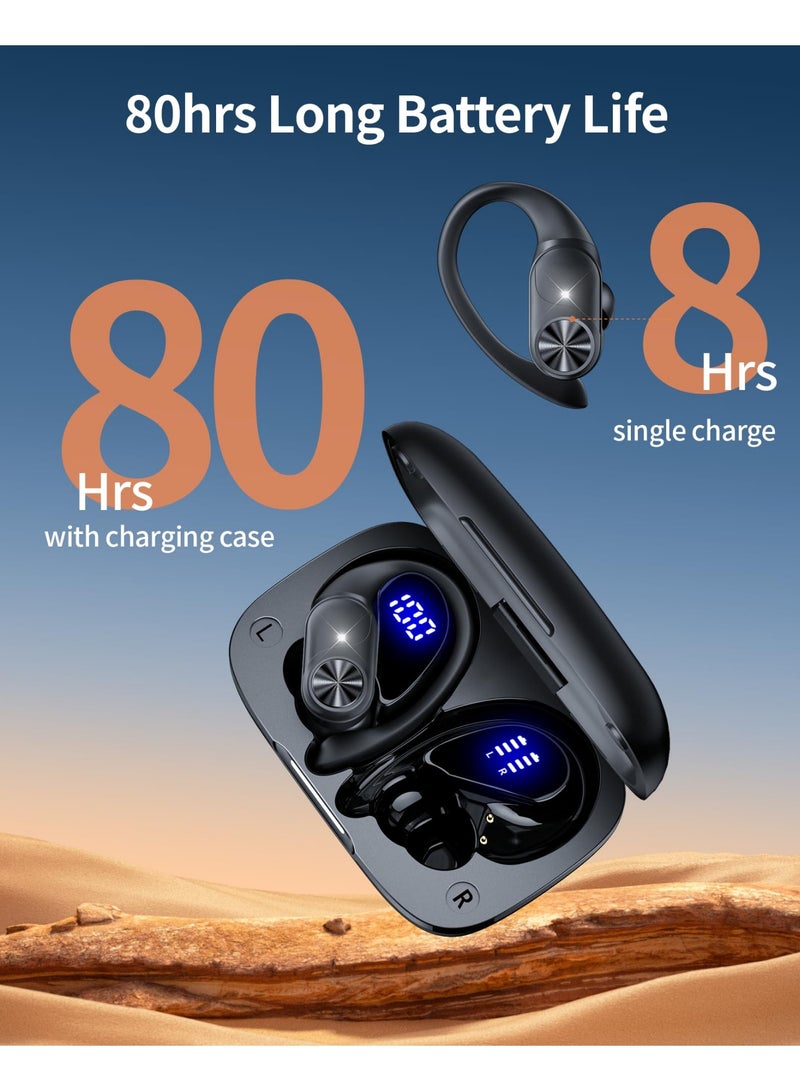 Arabest Bluetooth Headphones Wireless Earbuds 80hrs Playtime Wireless Charging Case Digital Display Sports Ear Buds with Earhook Deep Bass IPX7 Waterproof Over-Ear Earphones for TV Phone Laptop Black - Image 2