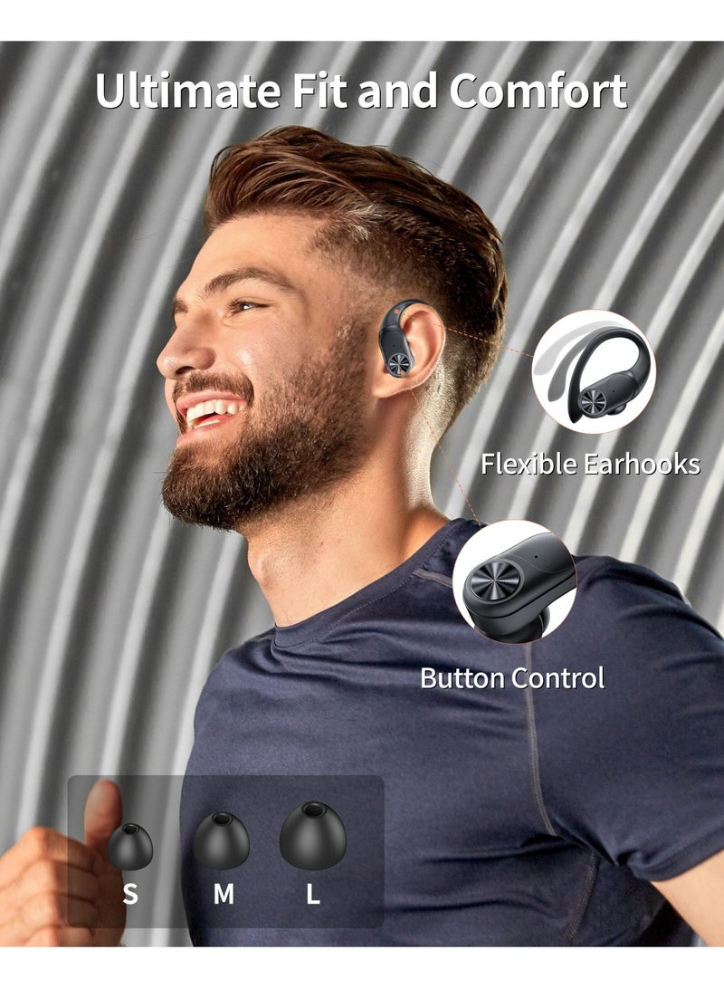 Arabest Bluetooth Headphones Wireless Earbuds 80hrs Playtime Wireless Charging Case Digital Display Sports Ear Buds with Earhook Deep Bass IPX7 Waterproof Over-Ear Earphones for TV Phone Laptop Black - Image 5