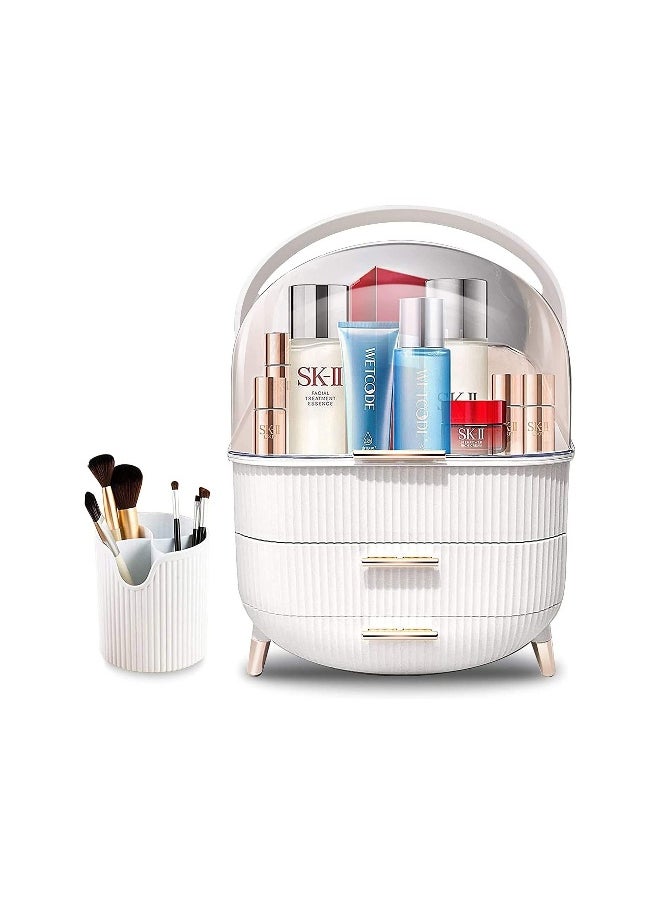sulfar - Large Cosmetic Makeup Organizer with Drawers and Brush Organizer, Dust Water Proof Cosmetics Storage Display Case, Suitable for Bathroom Countertop and Bedroom Vanity Dresser (White) - Image 1