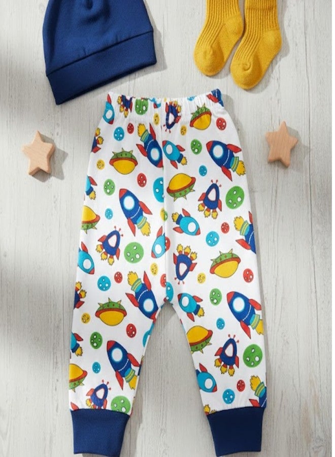 Adhigams Baby Cotton Pajama Pants 6-12 Months Joggers with Elastic Waist, Soft Breathable Sleepwear, Ribbed Cuff Printed Baby Bottom, Unisex Toddler Lounge Pants White - Image 2