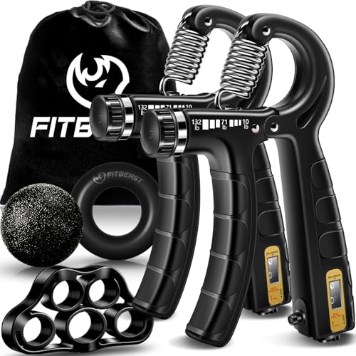 FitBeast مجموعة تقوية قبضة اليد FitBeast (5 عبوات) - 2 مقبض مقاومة قابل للتعديل للساعد، مطاط أصابع، حلقة وكرة تخفيف الضغط للرياضيين (أسود) - Image 1
