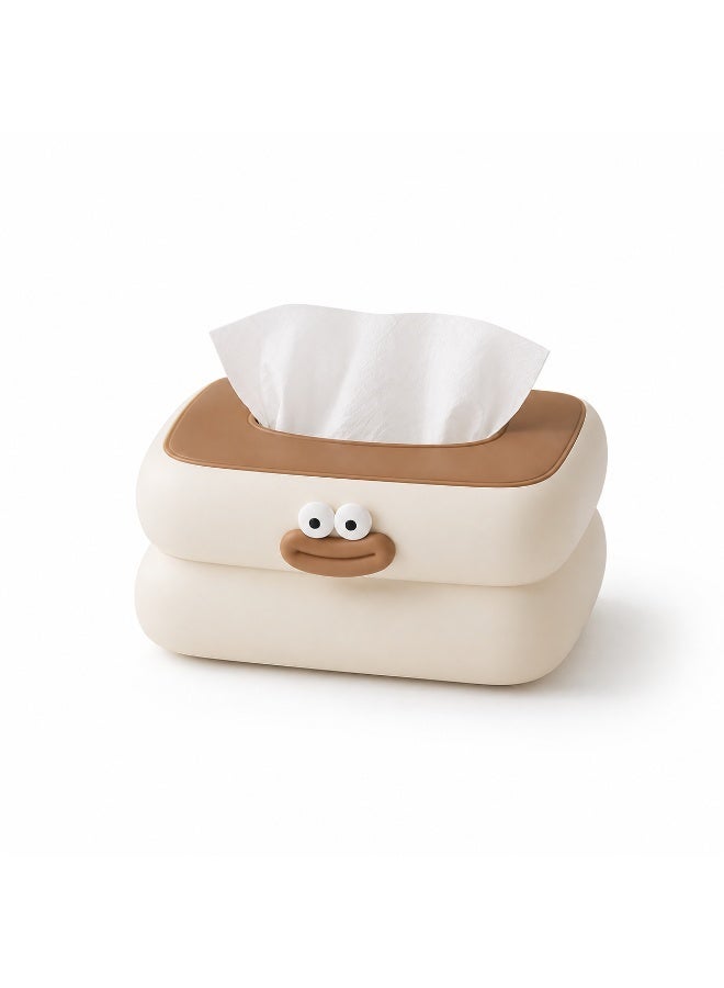 Cute Tissue Box Cover with Cartoon Face – Modern Decorative Napkin Holder for Home, Office & Bedroom – Latte Cream