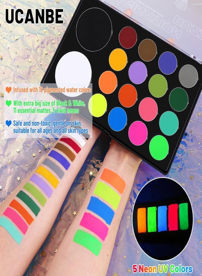 UCANBE Face Body Paint 18 Colors, Water Based Face Painting Kit with Large White Black & Neon Glow UV Facepaint SFX Makeup Palette for Halloween Party Costume Cosplay & Stage Make Up - Image 2