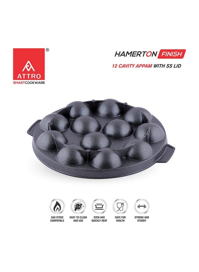 Attro Non-Stick Heavy Duty 12 Cavity Aluminium Appam Patra Paniyarakkal Two Side Handle with Steel Lid and Wooden Picker (Black) - Image 3