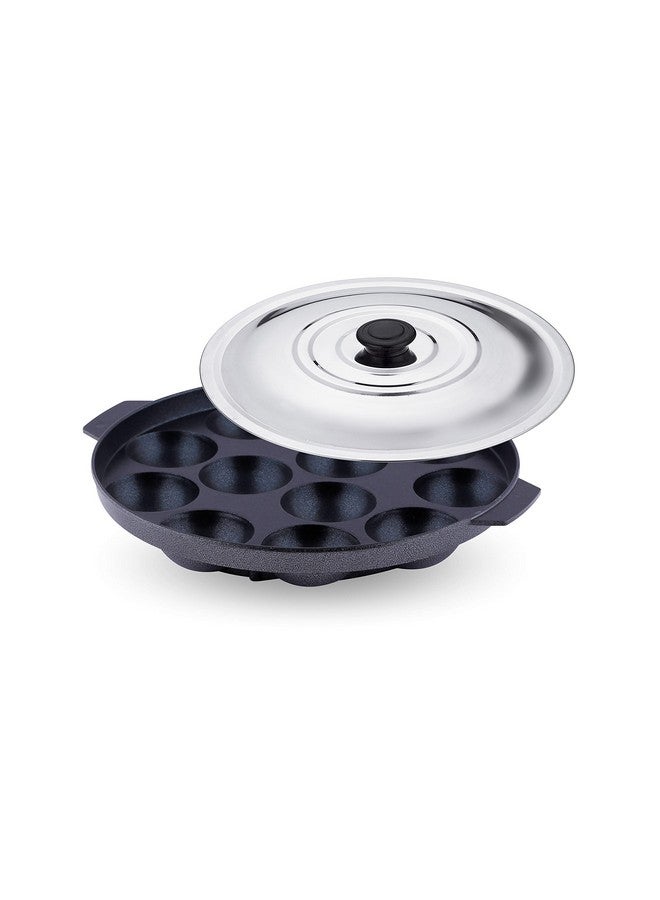 Attro Non-Stick Heavy Duty 12 Cavity Aluminium Appam Patra Paniyarakkal Two Side Handle with Steel Lid and Wooden Picker (Black) - Image 1