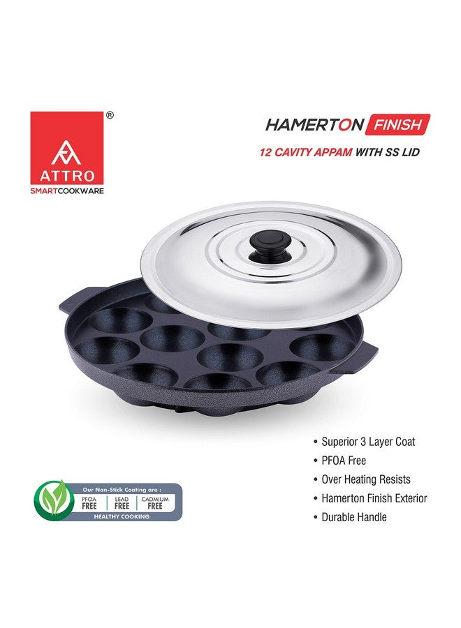 Attro Non-Stick Heavy Duty 12 Cavity Aluminium Appam Patra Paniyarakkal Two Side Handle with Steel Lid and Wooden Picker (Black) - Image 2