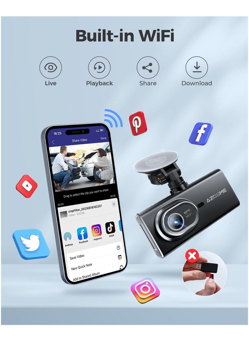 AZDOME 3 Channel WIFI GPS 4K Dash Cam Built-in with Hardwire kit, 4" IPS Touchscreen Built-in eMMC 128GB Front and Rear Inside, 2K+1K Dual on Board Dashcam for Car, 24H Parking Mode IR Night Vision G-Sensor  - Image 5