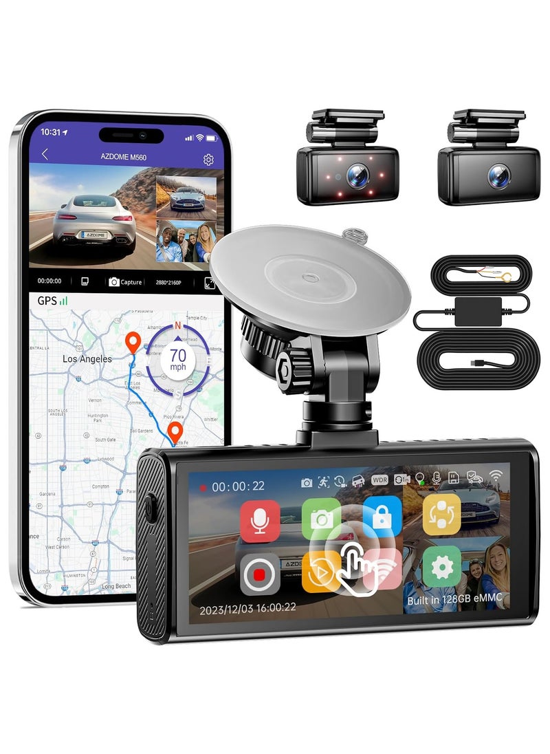 AZDOME 3 Channel WIFI GPS 4K Dash Cam Built-in with Hardwire kit, 4" IPS Touchscreen Built-in eMMC 128GB Front and Rear Inside, 2K+1K Dual on Board Dashcam for Car, 24H Parking Mode IR Night Vision G-Sensor  - Image 1