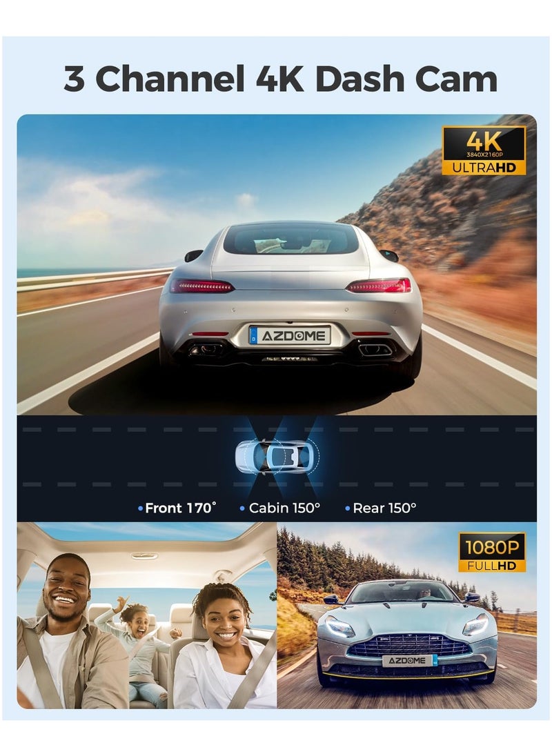 AZDOME 3 Channel WIFI GPS 4K Dash Cam Built-in with Hardwire kit, 4" IPS Touchscreen Built-in eMMC 128GB Front and Rear Inside, 2K+1K Dual on Board Dashcam for Car, 24H Parking Mode IR Night Vision G-Sensor  - Image 2