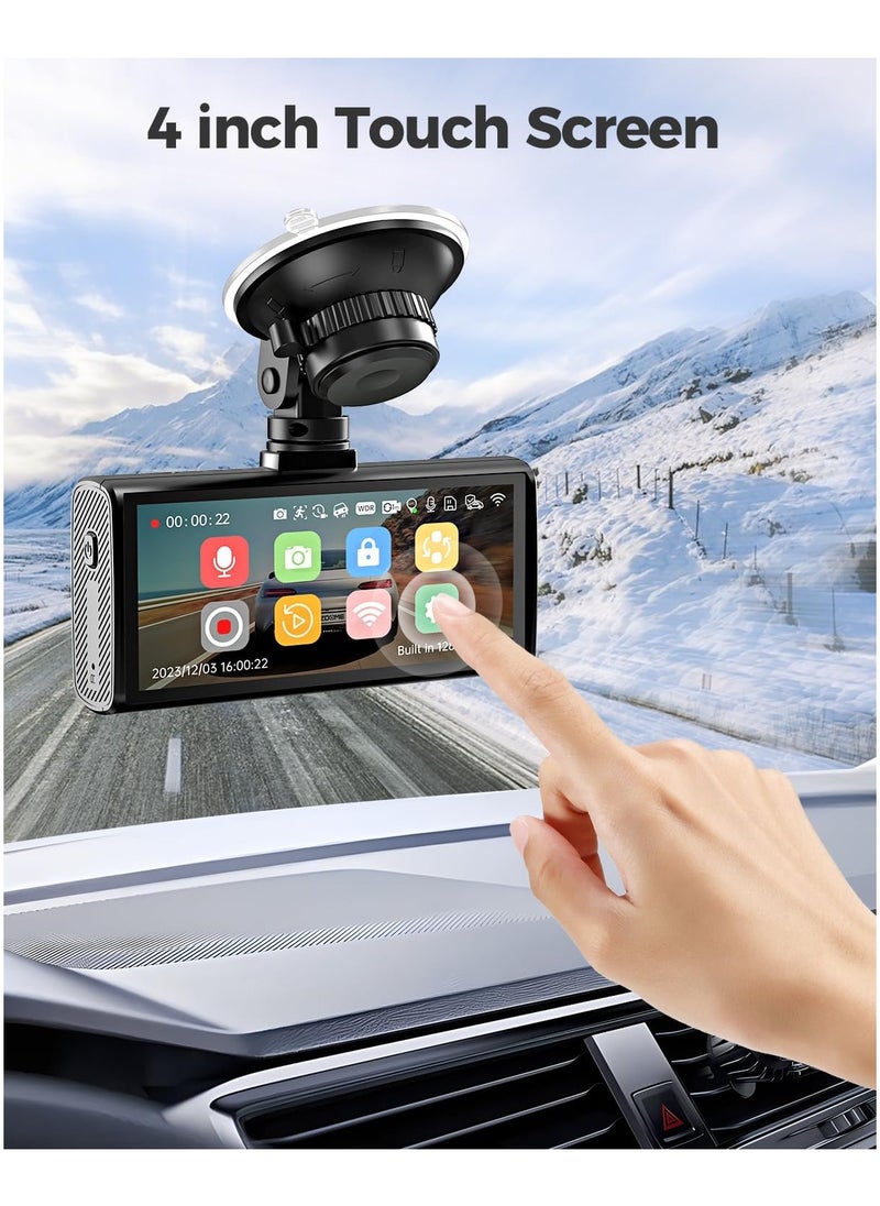 AZDOME 3 Channel WIFI GPS 4K Dash Cam Built-in with Hardwire kit, 4" IPS Touchscreen Built-in eMMC 128GB Front and Rear Inside, 2K+1K Dual on Board Dashcam for Car, 24H Parking Mode IR Night Vision G-Sensor  - Image 4