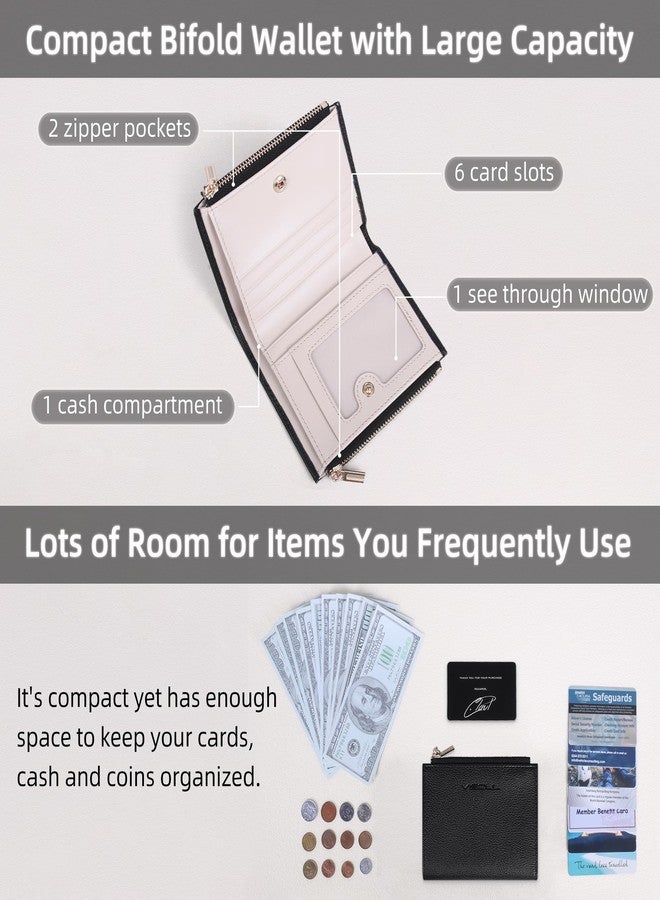 VISOUL Small Wallet for Women Genuine Leather, Compact Bifold Card Holder Wallet RFID Blocking with Zipper Coin Pocket (Black and Ivory) - Image 2