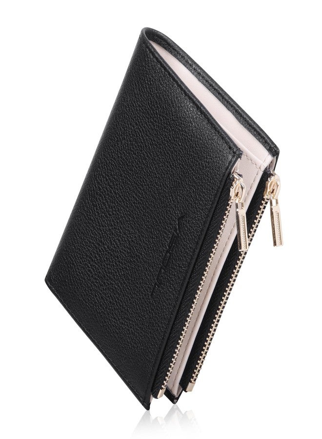 VISOUL Small Wallet for Women Genuine Leather, Compact Bifold Card Holder Wallet RFID Blocking with Zipper Coin Pocket (Black and Ivory) - Image 1