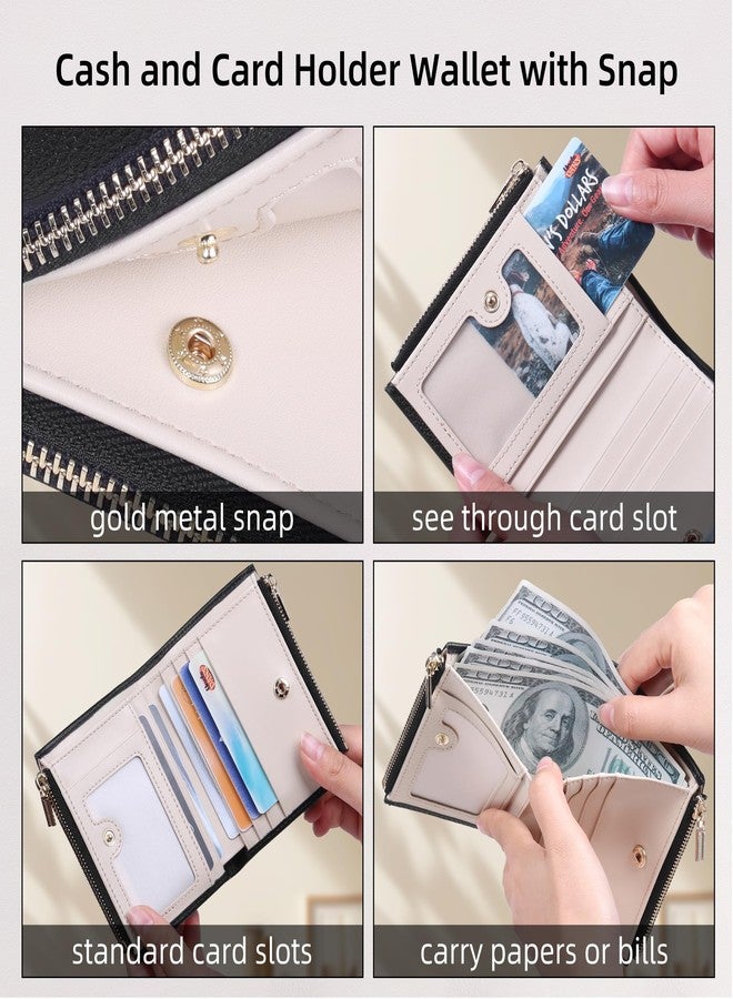 VISOUL Small Wallet for Women Genuine Leather, Compact Bifold Card Holder Wallet RFID Blocking with Zipper Coin Pocket (Black and Ivory) - Image 3