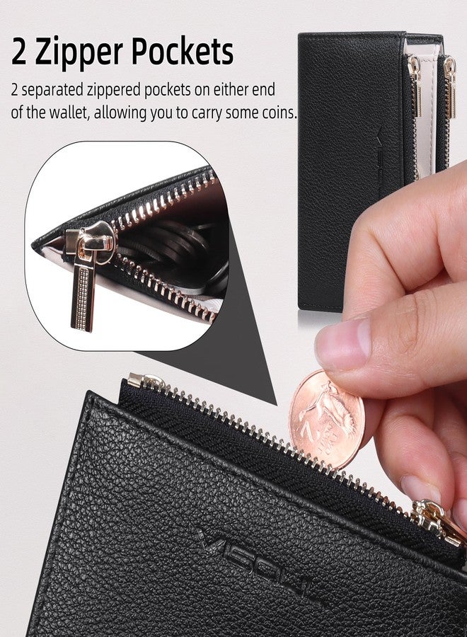 VISOUL Small Wallet for Women Genuine Leather, Compact Bifold Card Holder Wallet RFID Blocking with Zipper Coin Pocket (Black and Ivory) - Image 4
