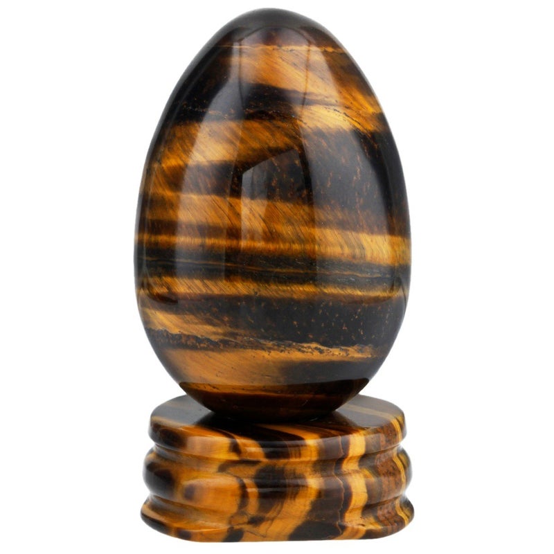 mookaitedecor Tiger's Eye Crystal Egg Polished Gemstone Figurines with Stone Stand - Image 1