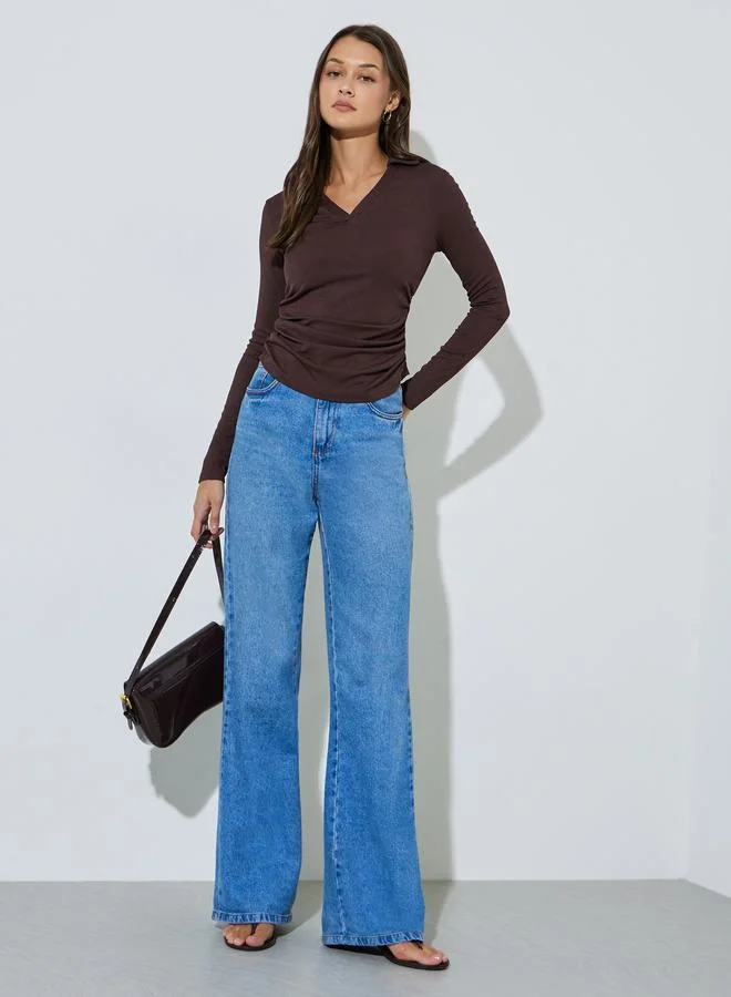 ستايلي Brown Long Sleeves Collared V-Neck Knit Top
