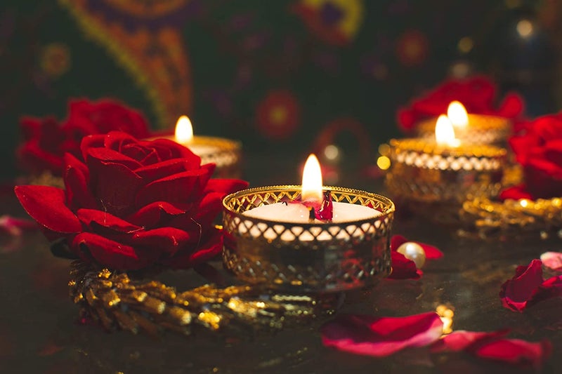 thriftkart Traditional Design Diya Tea Light Candle Holder with Big Red Rose Flower for Home Decor Diwali Festival Decoration Set of 4 Golden - Image 1