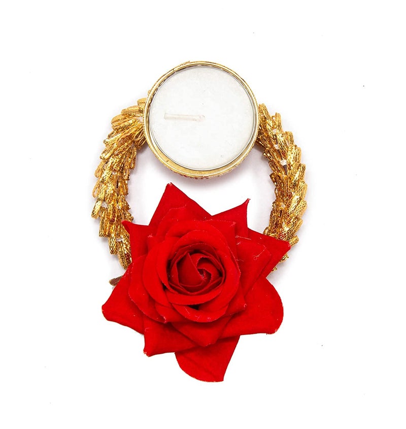 thriftkart Traditional Design Diya Tea Light Candle Holder with Big Red Rose Flower for Home Decor Diwali Festival Decoration Set of 4 Golden - Image 2