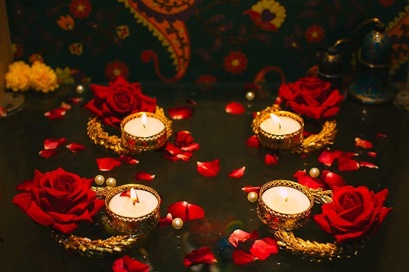 thriftkart Traditional Design Diya Tea Light Candle Holder with Big Red Rose Flower for Home Decor Diwali Festival Decoration Set of 4 Golden - Image 5