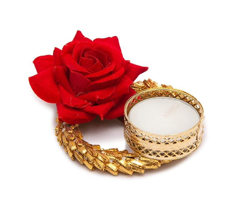 thriftkart Traditional Design Diya Tea Light Candle Holder with Big Red Rose Flower for Home Decor Diwali Festival Decoration Set of 4 Golden - Image 3