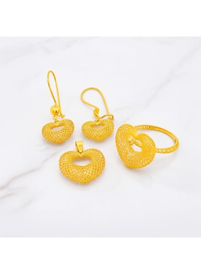 Bafleh Jewellery 21K Yellow Gold Heart Filigree Pendant Set with Matching Ring & Earrings - Image 1