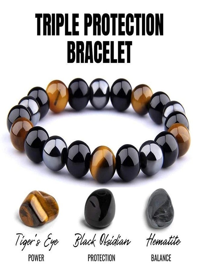 GEMTUB Natural 8Mm Black Tourmaline Hematite Tiger Eye Stone Combination Bracelet A Triple Protection Bracelet Help In Law Of Attraction Remove Negative Energy & Enhance Focus For Unisex Adult - Image 2