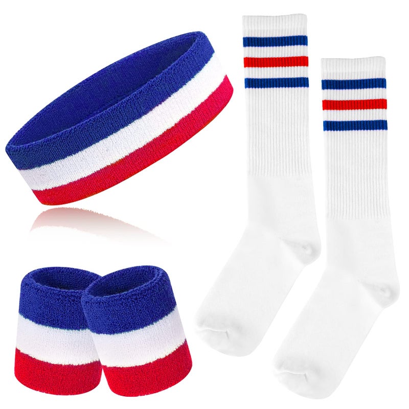 ONUPGO 5 Pieces Red White and Blue Striped Sweatbands Set - Sports Headband, Wristbands, High Socks for Men, Women & Teens - Running, Cycling, Tennis, Basketball, Football - Red/White/Blue - Image 1