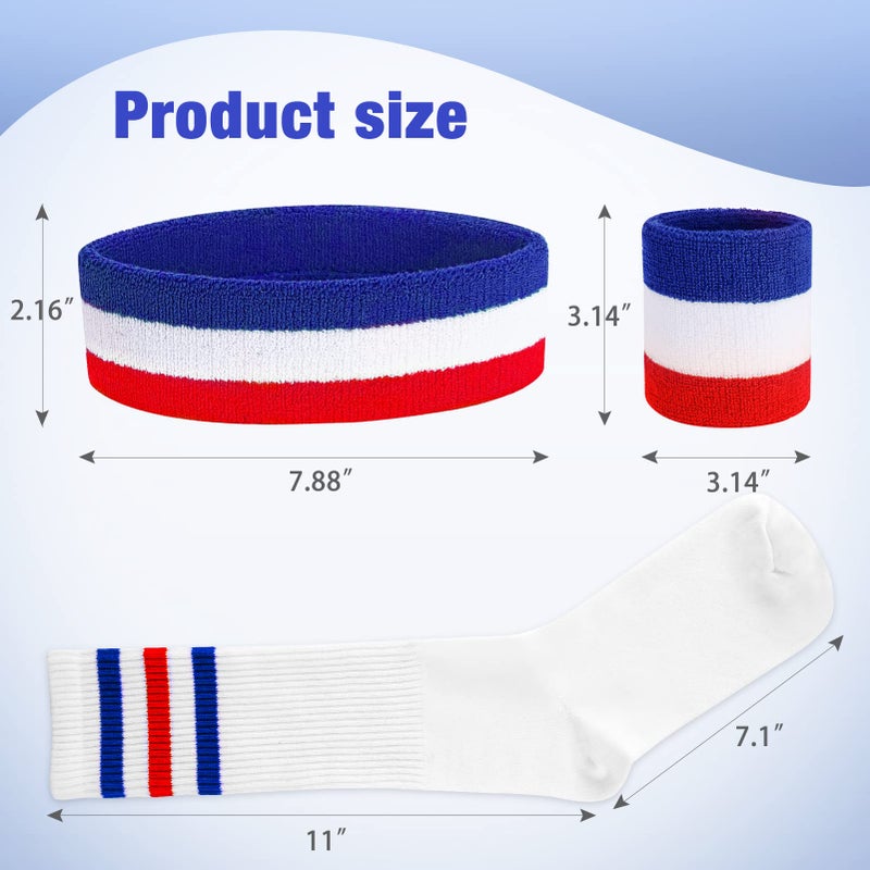 ONUPGO 5 Pieces Red White and Blue Striped Sweatbands Set - Sports Headband, Wristbands, High Socks for Men, Women & Teens - Running, Cycling, Tennis, Basketball, Football - Red/White/Blue - Image 2